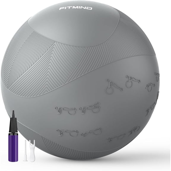FITMIND Thick Exercise Ball with Embossed Pattern, 29in, Hand Pump, Anti-Burst, Gray