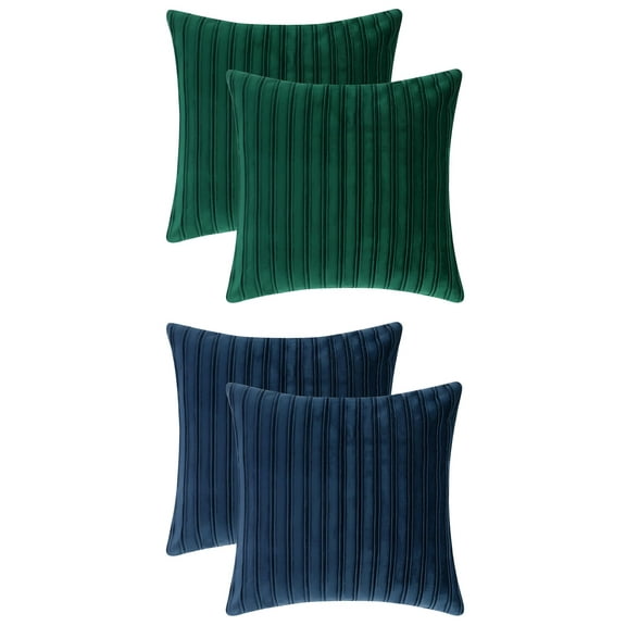 NOMADIC NOOK Thick Velvet Striped Pillow Covers 4 Pcs Pleated Front Cushion Covers Blue/Green 18" x 18"
