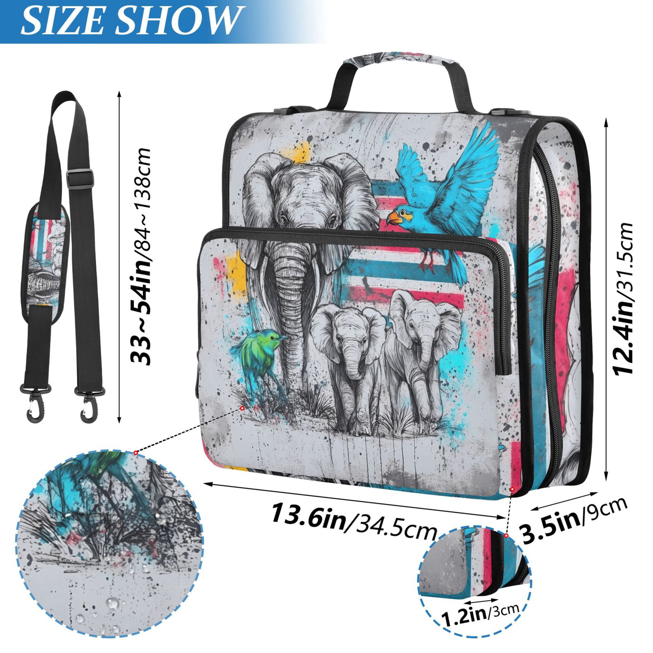 3 Ring Zipper Binder with Shoulder Strap Waterproof Trapper Keeper 2 Inch D-Ring 500 Sheets Capacity Elephants Birds