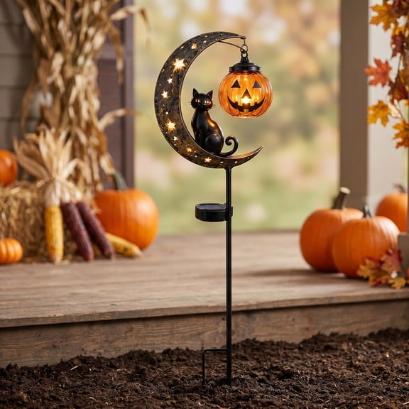 Solar Halloween Black Cat & Pumpkin Moon Garden Stake Light, Black Cat Pumpkin Moon, Auto Night Illuminated Pathway Marker, Weatherproof Metal Crescent Stake Lighting for Driveway Patio Steps 1pc