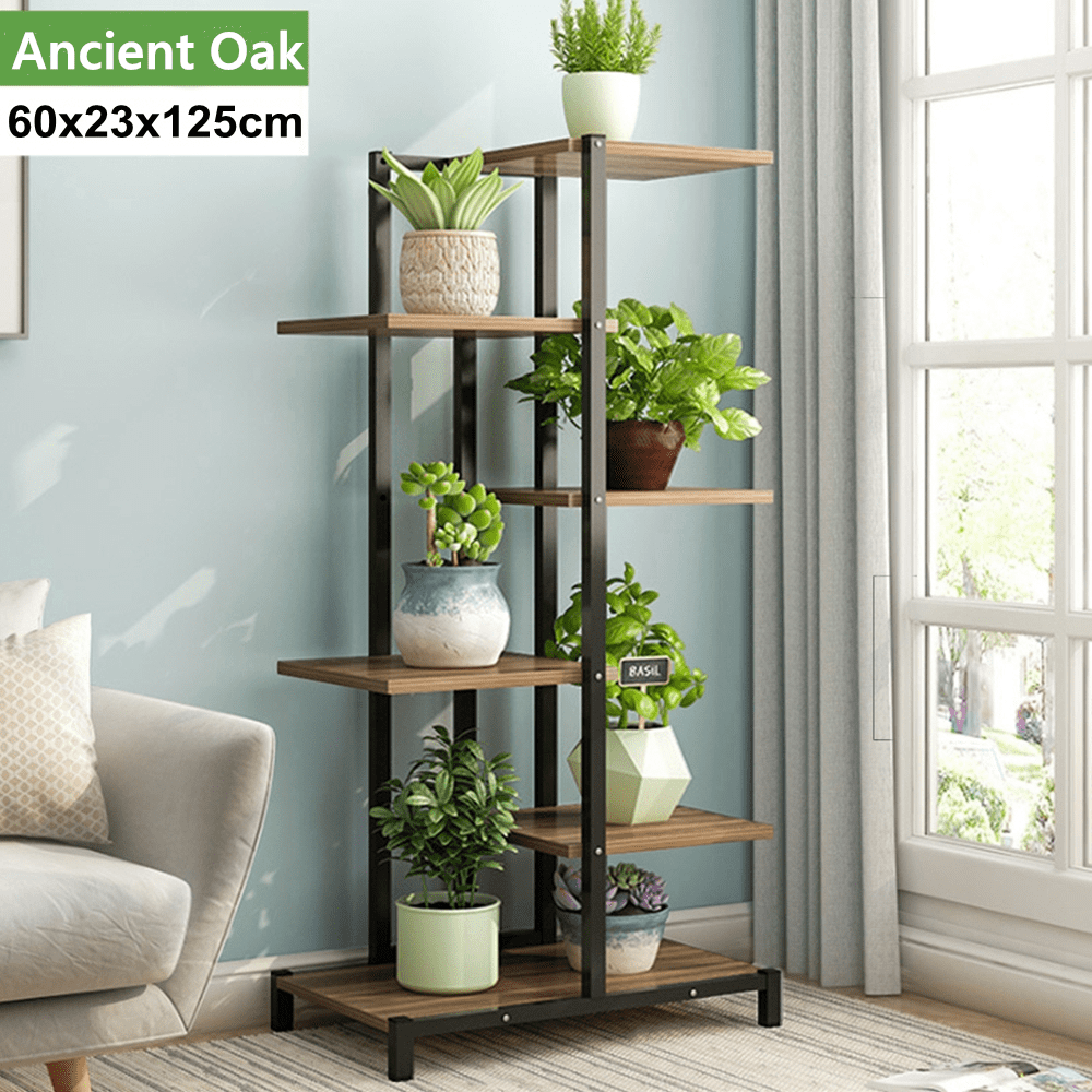 AUGIENB 6Tier Metal Plant Stand, Wood &amp; Iron Modern