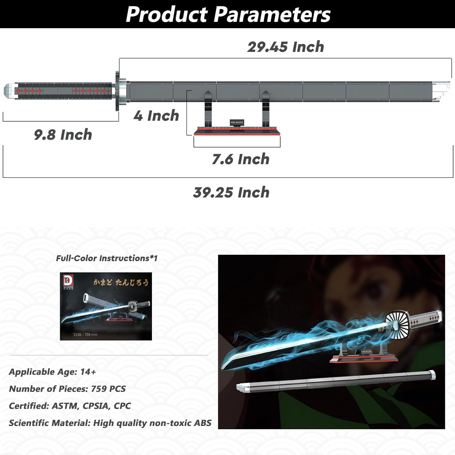 Demon Anime Sword, 39.3in Tanjirou Sword Building Set with Scabbard and Stand, Cosplay Anime Katana Sword Building Blocks