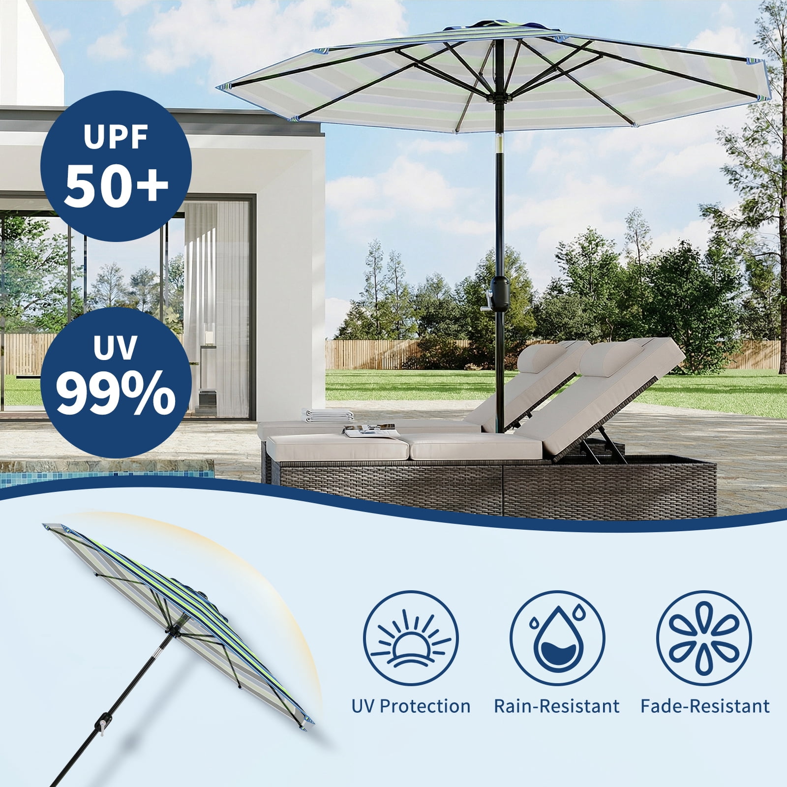 10FT Outdoor Patio Umbrella with 8 Sturdy Ribs, Crank Lift and Push Button Tilt, UV Protection Waterproof Market Table Umbrella for Pool Deck Yard, Tricolor Stripes (Base NOT Included)