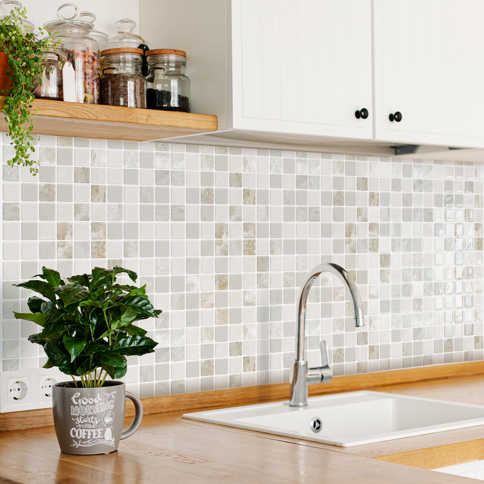 DEWOO 10 Sheet Thicker Mosaic Peel and Stick Backsplash Tile Removable Self Adhesive Wall Tiles for Bathroom Kitchen Counter (12"×12",Beige)