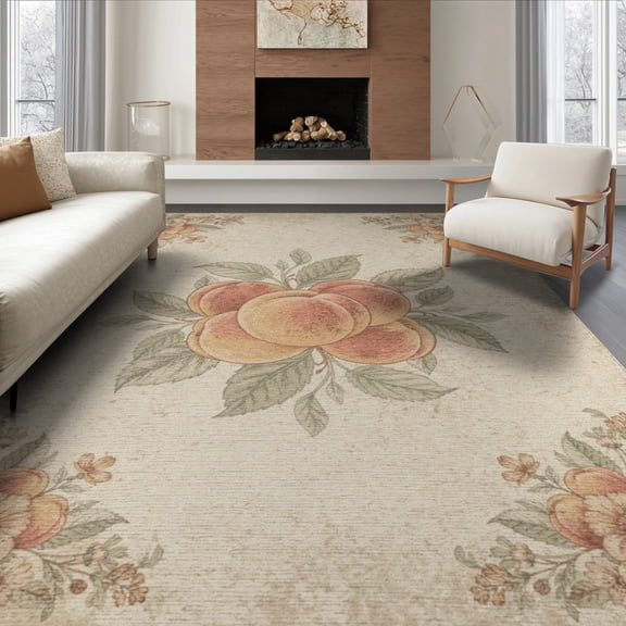 ODIKA 8'x10' Washable Area Rug Non-Slip Chair-Friendly Mat Fruit Vintage Orchard Design With Rustic Floral Corner Accents Peach Flowing for Dining Room, Large Office, Lounge