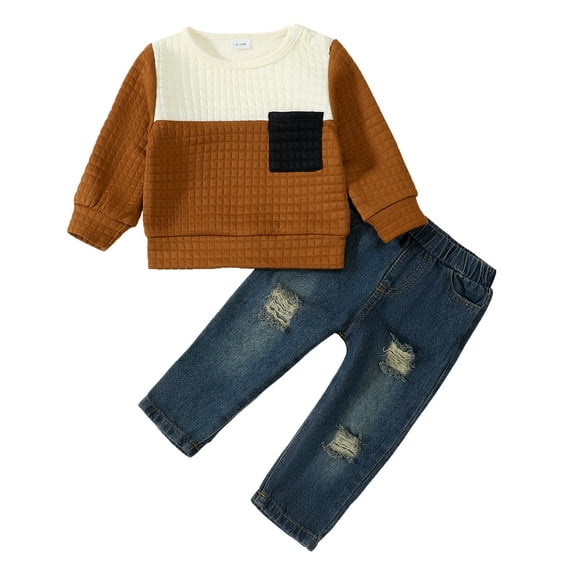 4T Baby Boys Outfits 5T Boys Fall Winter Pant Sets Toddler Boys Long Sleeve Round Neckline Top Jeans Pants 2PCS Set Brown