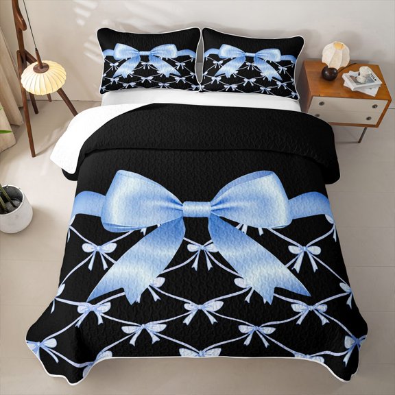 Erosebridal Blue Bows Twin Quilt Set,Princess Bowknot Twin Coverlet Set For Girls,2 Pieces