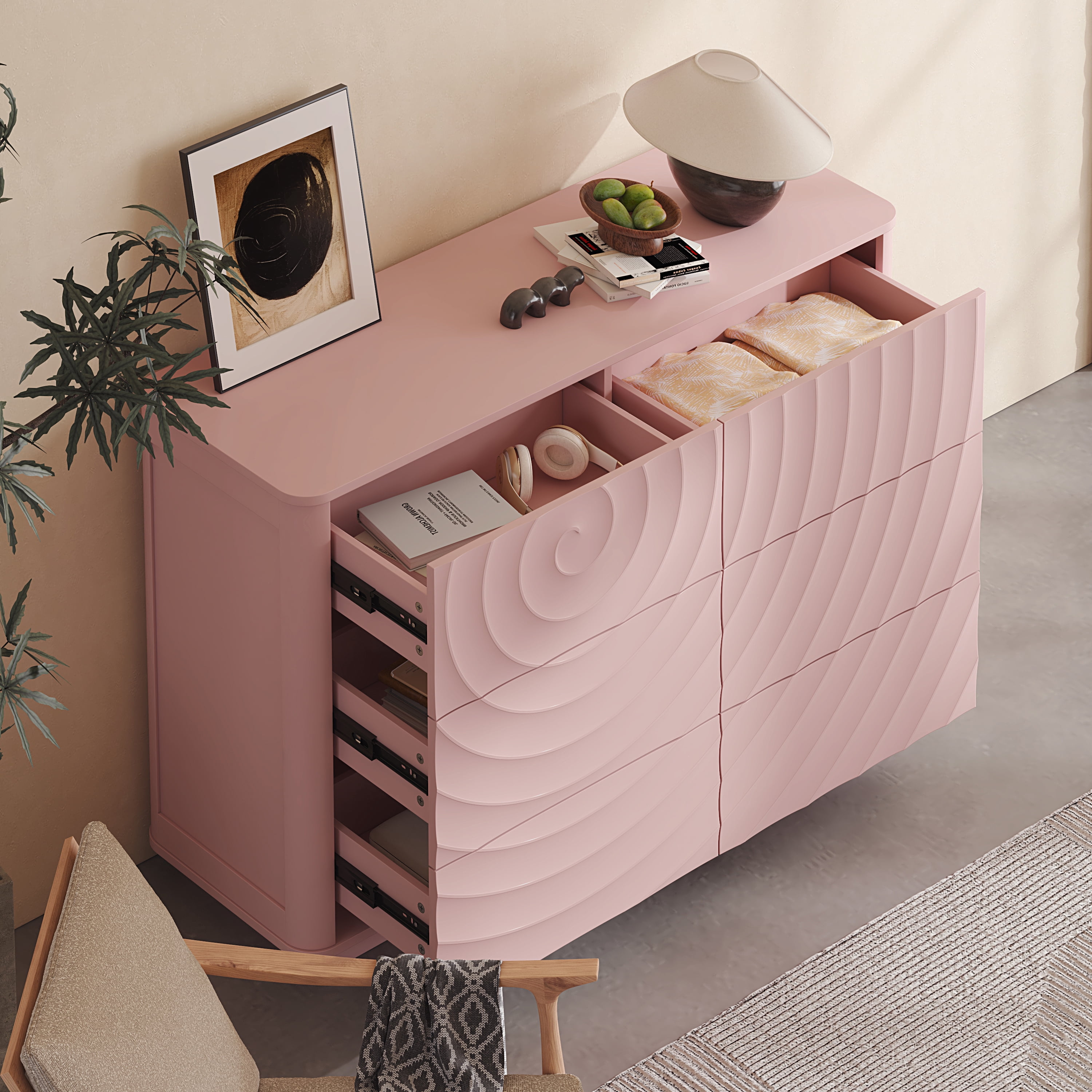 Aukfa 6 Drawer Dresser with 3D Wave Front Design, Modern Wood Double Dresser, Wide Chest of Drawers with Anti-Tip Kit for Bedroom,Pink