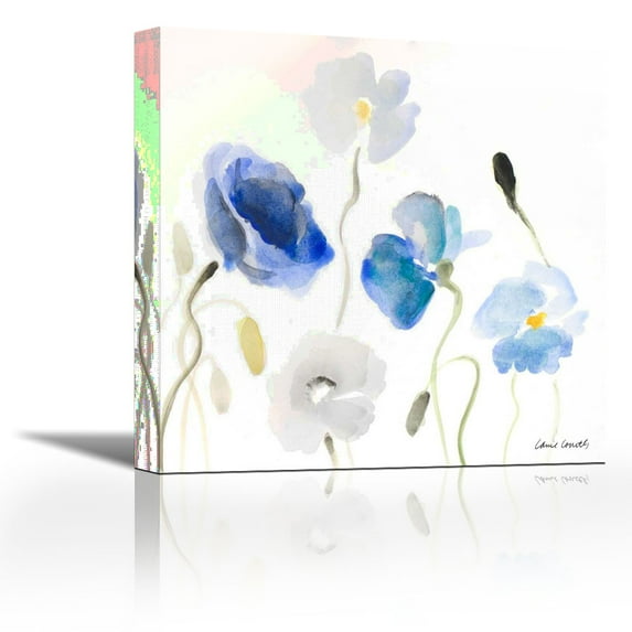 Poppies In The Blues II - Contemporary Fine Art Giclee on Canvas Gallery Wrap - wall décor - Art painting - 12 x 12 Inch - Ready to Hang