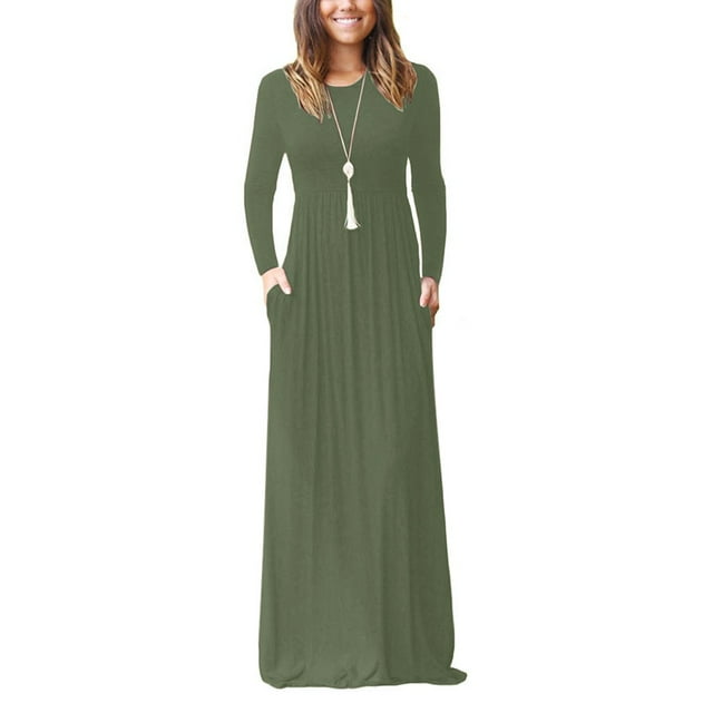 GZWYHT Robes pour Femmes 2025, Robes Maxi Décontractées pour Femmes à Manches Longues à Col Rond Unies Robe Longue Débardeur Robe à Manches Longues, Robes Modestes, Robe Verte, Commodes en Liquidation m