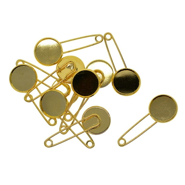 10 piezas de broches de seguridad en blanco, bisel circular en blanco, cabujón dorado