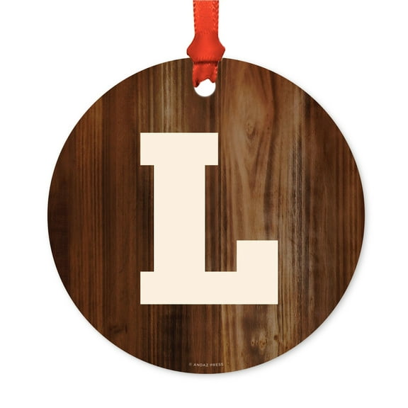 Metal Christmas Ornament, Monogram Letter L, Rustic Wood, Includes Ribbon and Gift Bag
