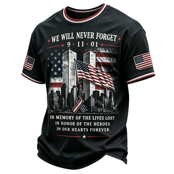 Yfalhf Men's Vintage 911 25th Anniversary Memorial Never Forget American Flag Faith Hope Courage Tshirt Black S