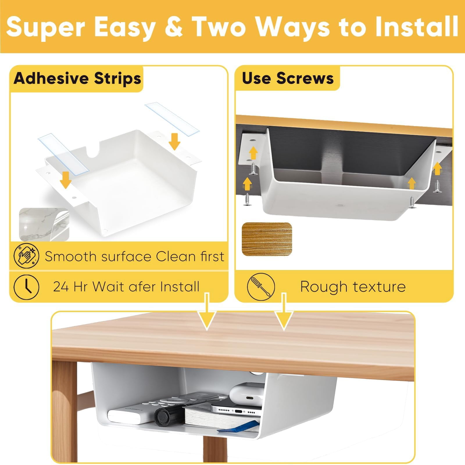 4 Pack Under Desk Hanging Shelf Drawer Organizer  Attachable Plastic Storage Tray Easy Adhesive Mount Holder For Standing Tables Office Counters Cabinets Workstations - White