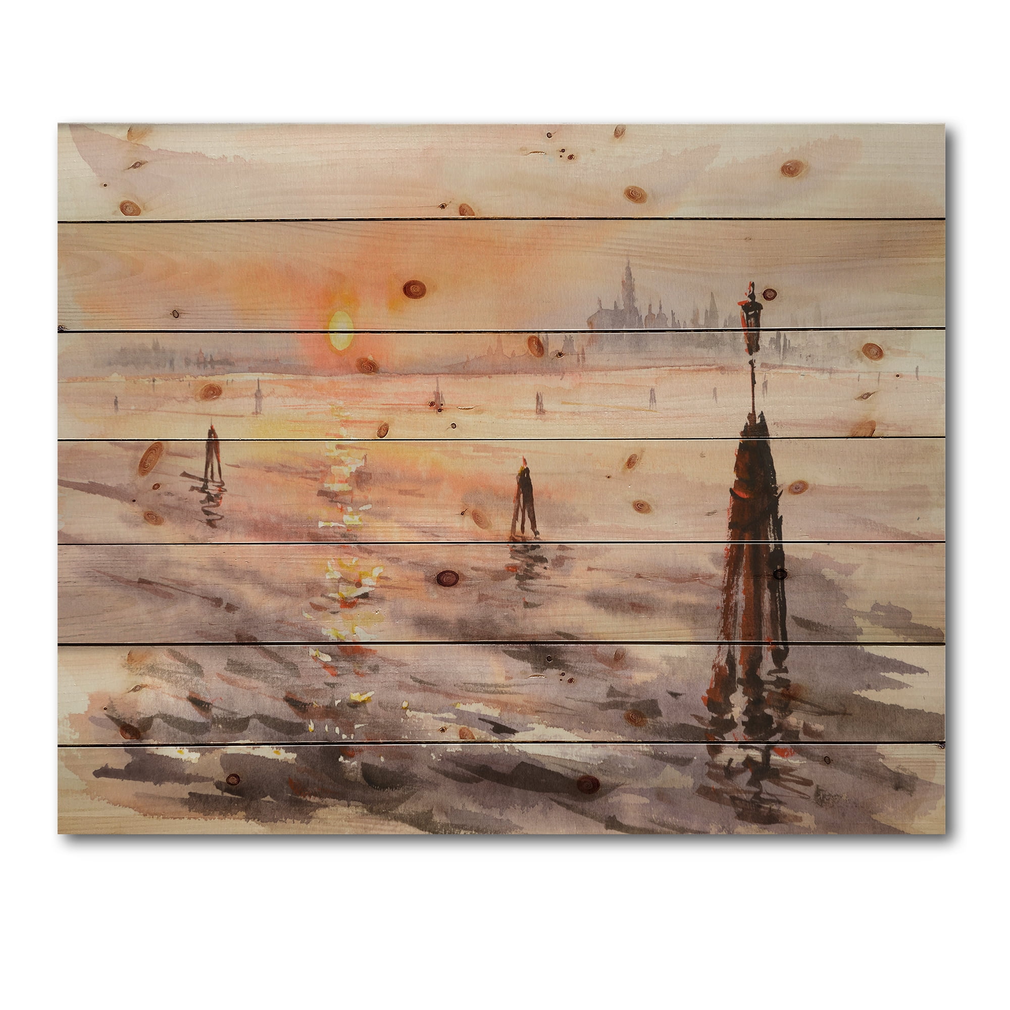 Designart 'Panorama of Venice Laguna Beach At Sunset' Nautical & Coastal Print on Natural Pine Wood
