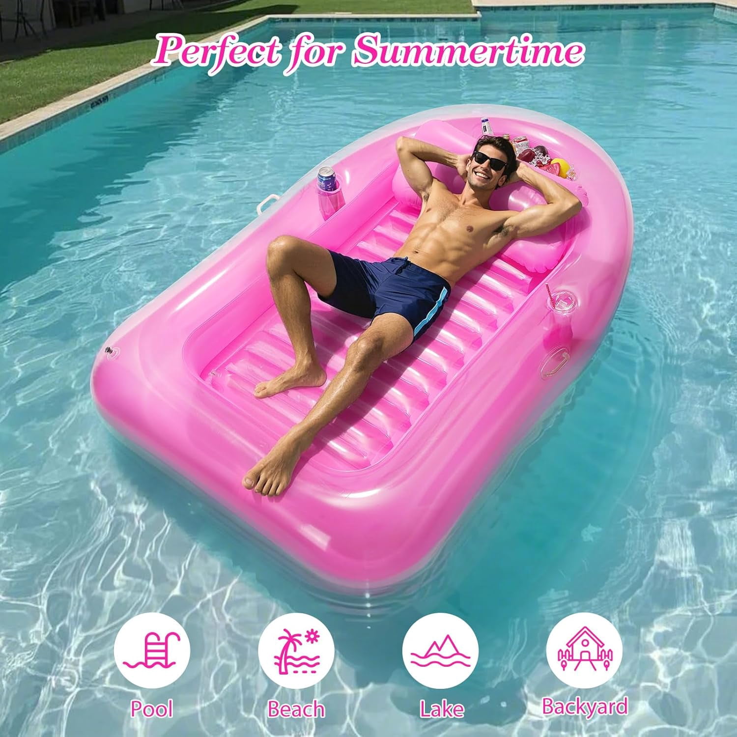 Pool Floats Adult, Large Floating Bed with Ice Bar, Tanning Bed Pool Raft Inflatable Lounger with Drink Holder Tanning Chair Inflatable Pool Toys for Party Beach Backyard