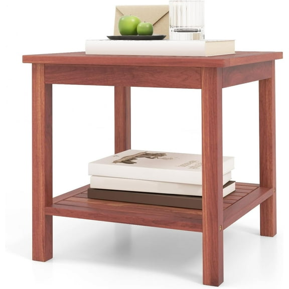 Tangkula Patio Side Table, Double-Tier Acacia Wood End Table, Slatted Tabletop & Shelf, Outdoor Small Side Table with Storage, Compact Wood Table for Backyard, Balcony (1, Natural)