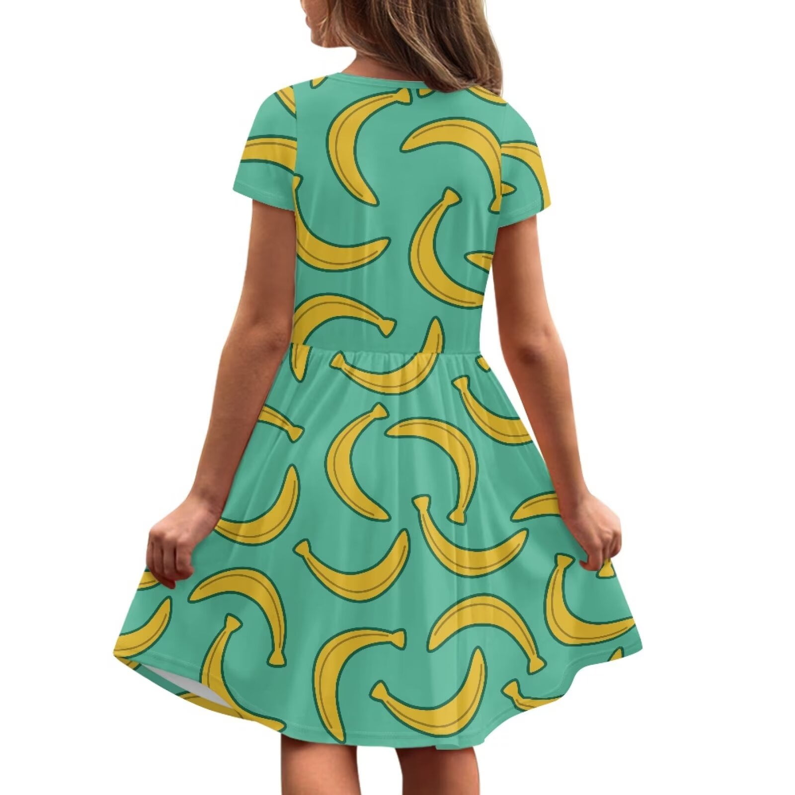 Uourmeti Bananas Kids Short Sleeve Dress Girls Summer Crew Neck Swing Dresses Trendy Knee Length A-Line Dress with Pockets for School Beach