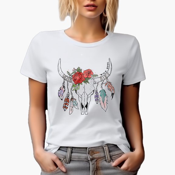 Retro Western Cow Skull Decorated with Flowers & Feathers Art Merch Gift, White T-Shirt, Small