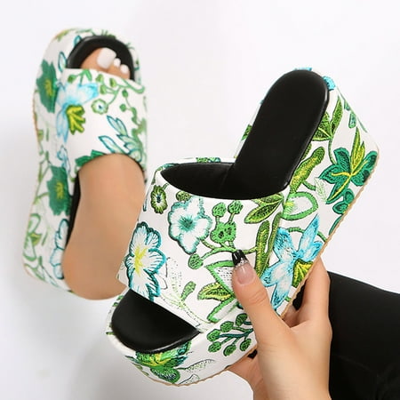 

ZHELIYO Women s sandals Fashion Spring Summer Women Sandals Platform Thick Sole Wedge Heel High Heel Flower Print Slip On Open Toe Comfortable Casual Style Green 8