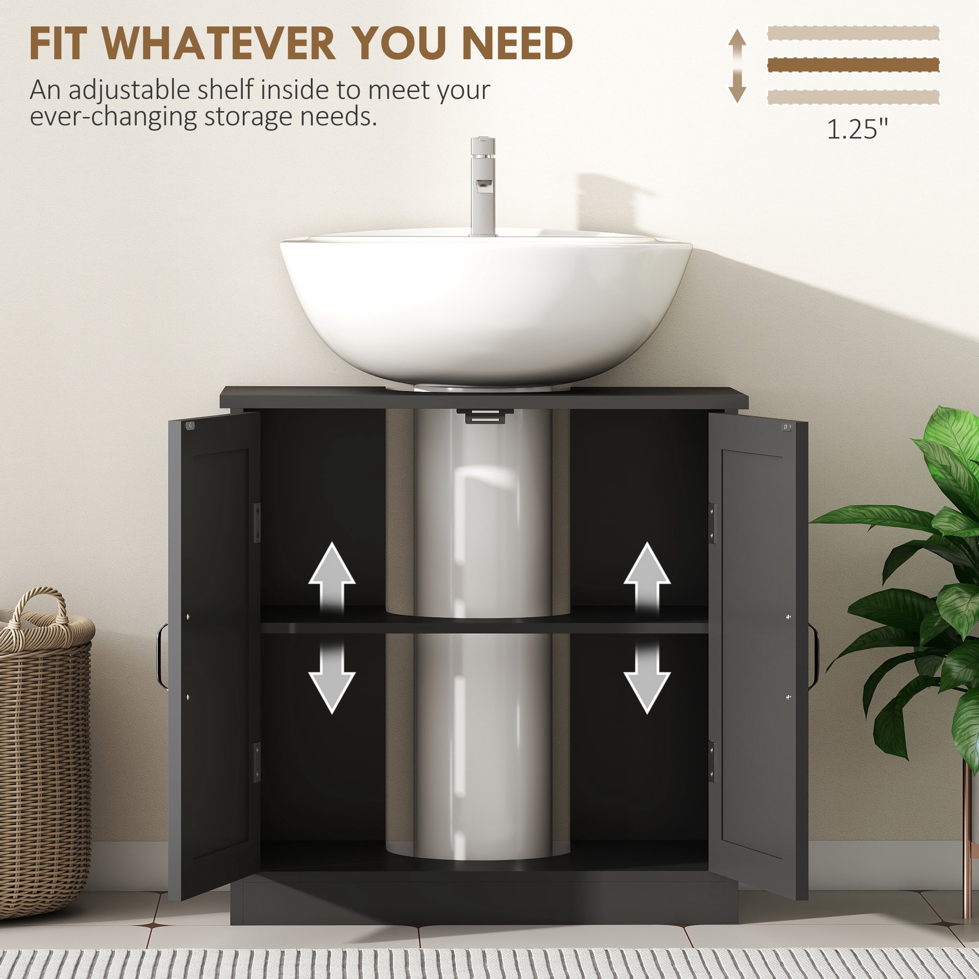 Black Under Sink Bathroom Cabinet, Double-Door Storage Cabinet with U-Shaped Cutout & Adjustable Shelf, Anti-Tipping Design for Bathroom Organizer