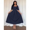 thumbnail image 3 of Navy Blue Womens Square Neck Puff Sleeve Pleated Midi Dress For Office Casual Elegant Occasion, 3 of 7