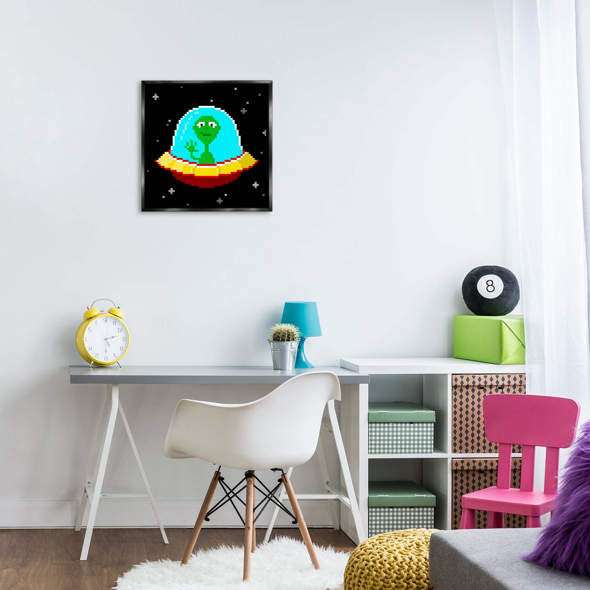 Stupell Industries Pixel Alien Spaceship Novelty & Humor Painting Black Floater Framed Canvas Art Print Wall Art, 18 x 18