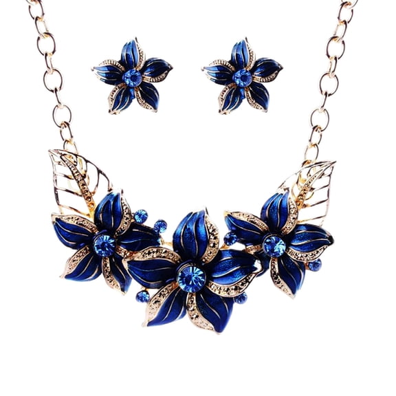 QIQUWOHUL Gardenia Painting Oil Clavicle Chain Rhinestone Short Necklace Earring Set Flower Drop Oil Set Chain
