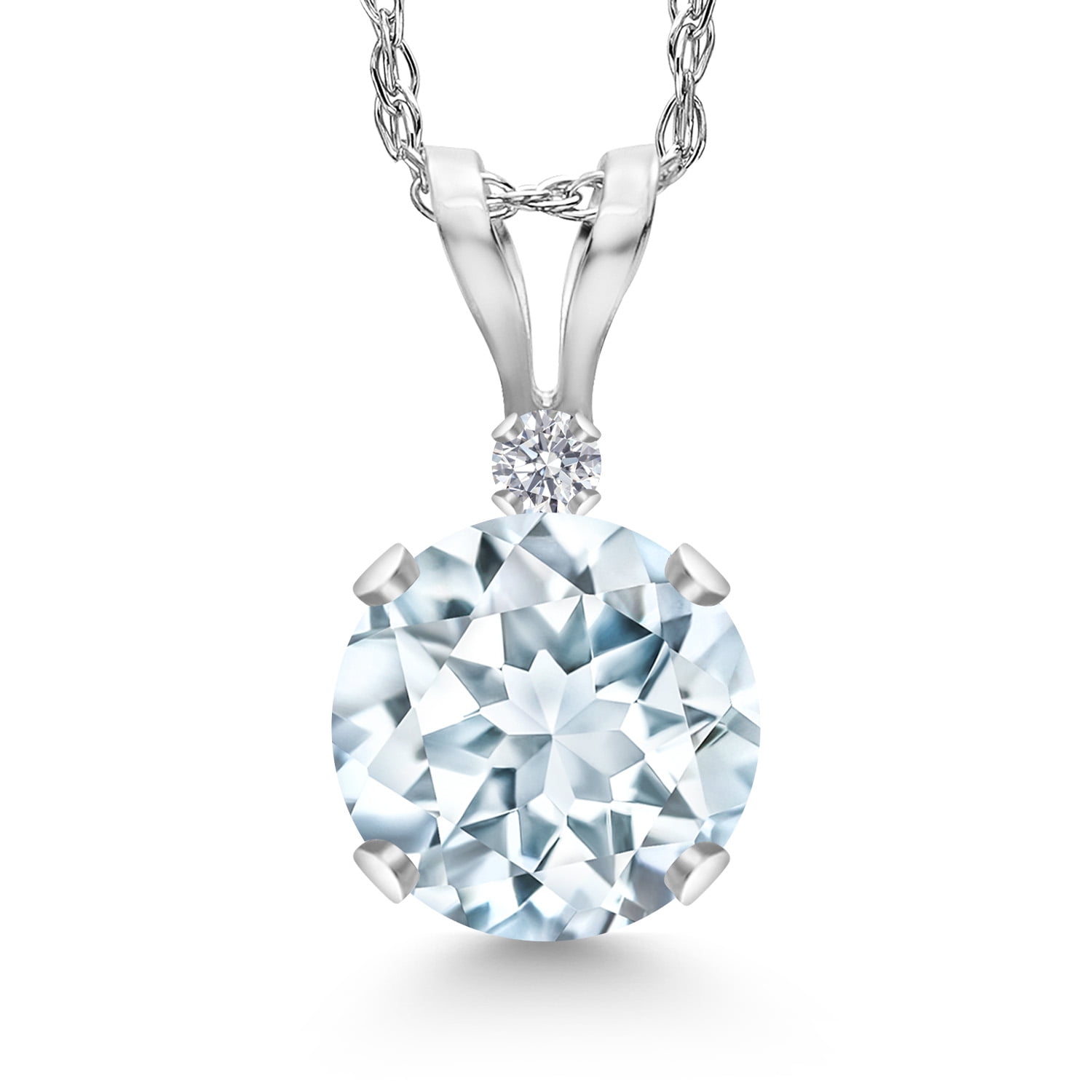 Gem Stone King 14K White Gold Sky Blue Aquamarine and Lab Grown Diamond Pendant Necklace for Women | 0.77 Cttw | Gemstone March Birthstone | Round 6MM | With 18 inch Chain