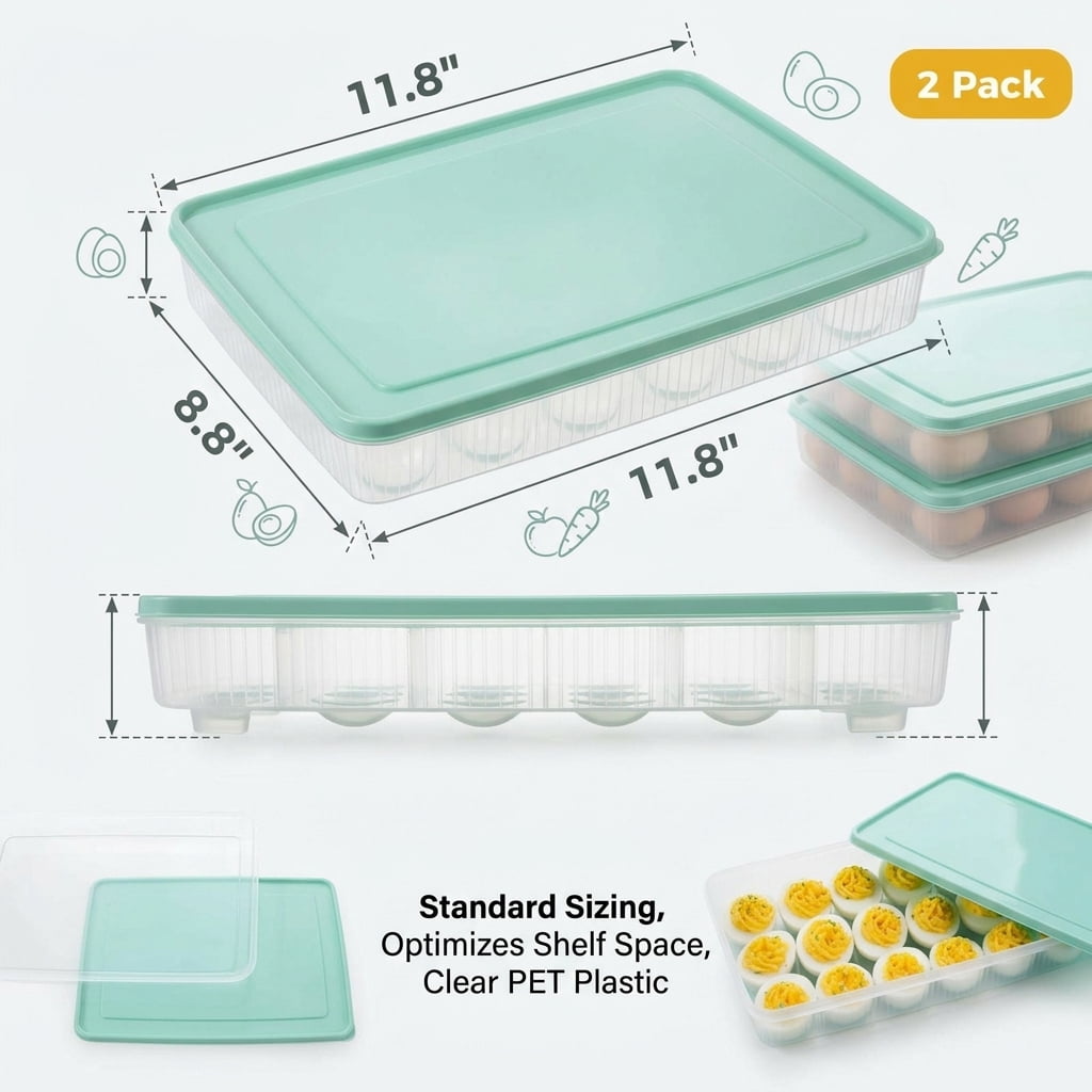 Deviled Egg Containers with Lid, 2 Pcs Portable Storage Carrier Egg Holder Deviled Egg Tray for Refrigerator Easter Party Holding 48 Eggs, Blue
