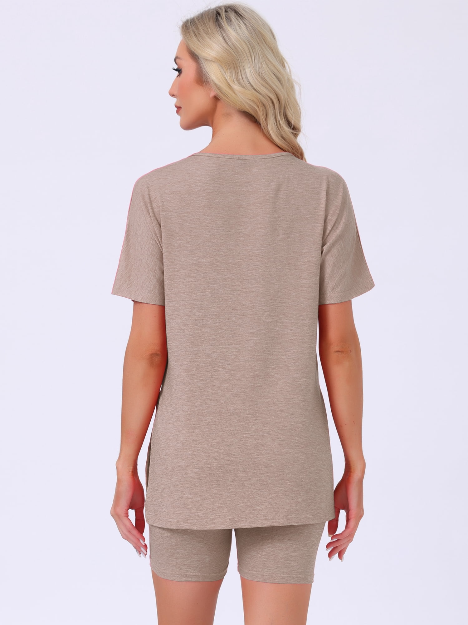 DARING DIVA Women's Pajama Set Split Jersey Knit Tops with Fitted Shorts L Brown