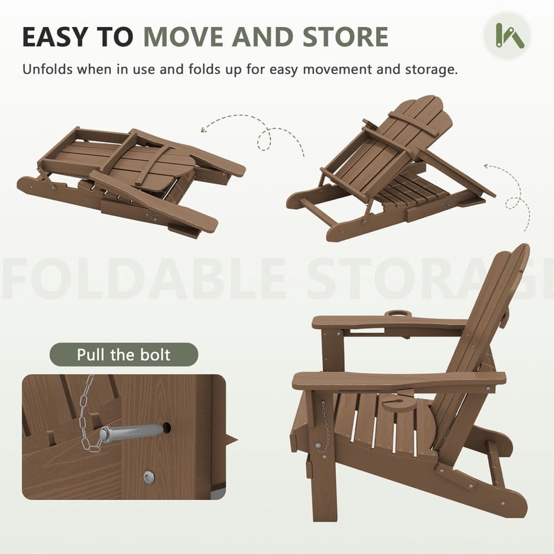 LOYALICE Folding Adirondack Chair with Dual Cup Holders, All-Weather HDPE Outdoor Patio Chair for Backyard, Poolside, Garden, Fire Pit, Brown