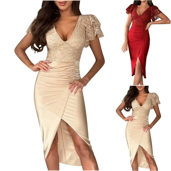 ZZwxWA Womens Sexy Ruffles Short Sleeve Deep V Neck Sequins Bodycon Party Clubwear Dress Evening Cocktail Party Women's Sundress
