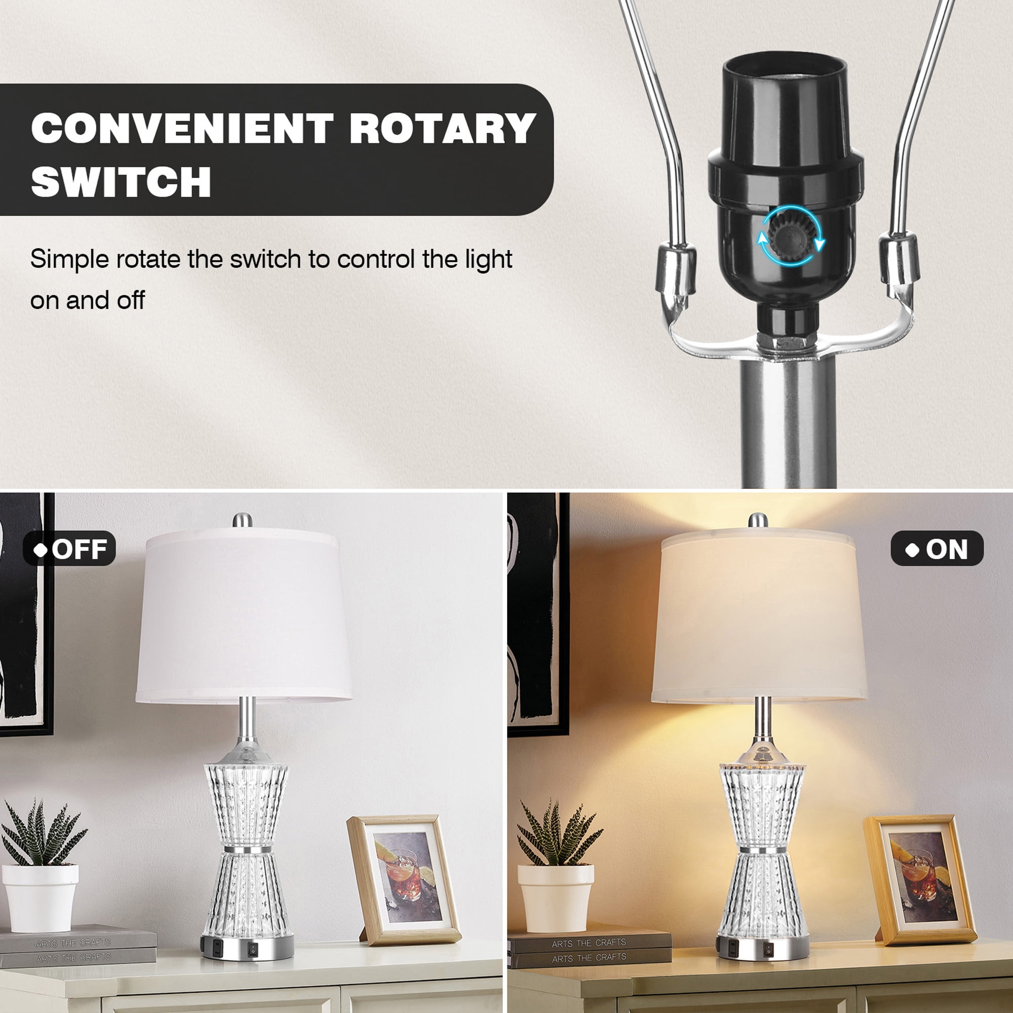 Cinkeda Acrylic Table Lamps Set of 2 with Night Light USB Ports AC Outlet Modern Nightstand Lamp for Living Room Bedroom(2 Bulbs)