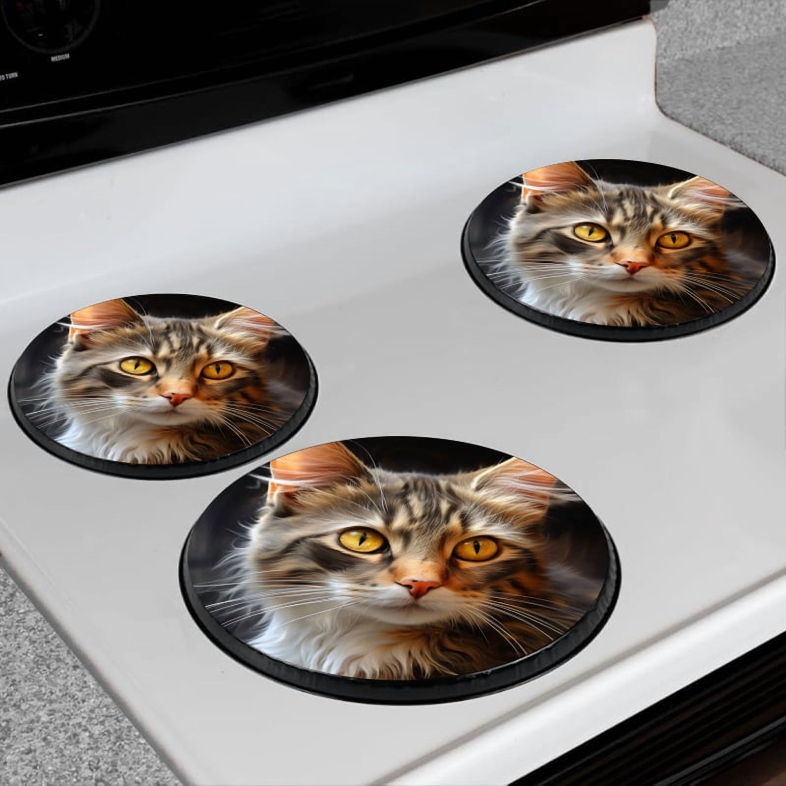 BaHomeck Electric Stove Burner Covers Set of 4,Round Metal Gas Stove Burner Covers 8 Inch and 10 Inch,Kitchen Decor,Beautiful Fluffy Cat With Yellow Eyes