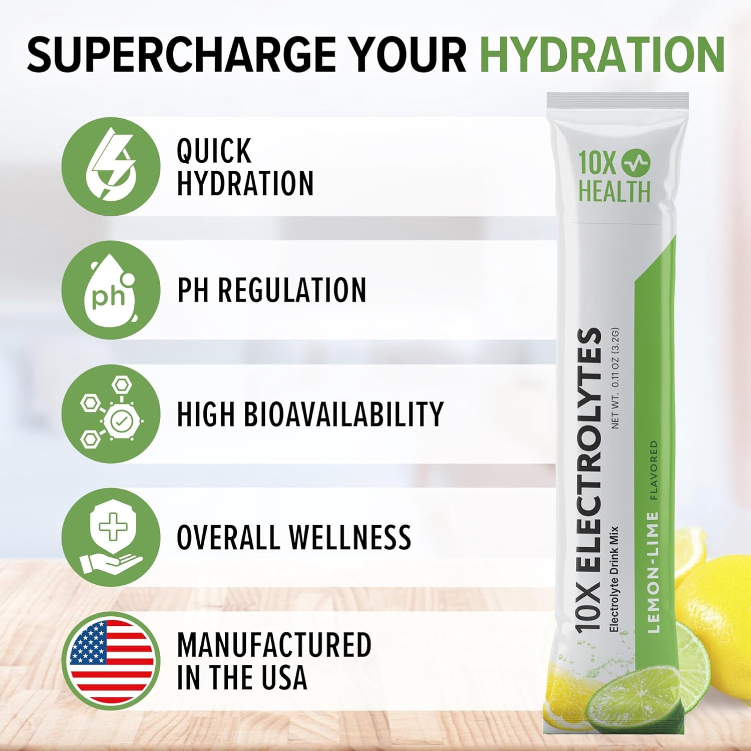 10X Health Electrolytes Powder Drink Mix Lemon Lime – Sugar-Free, Non-GMO Hydration Packets with Potassium, Magnesium & Sea Salt – 30 Stickpacks