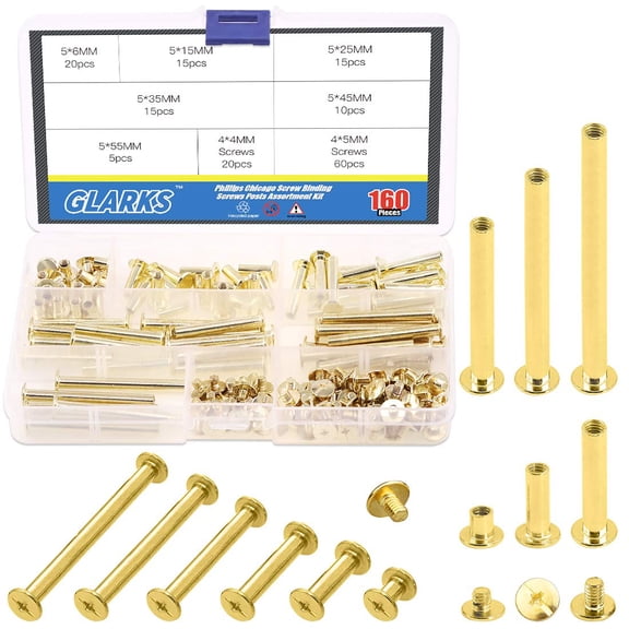 80 Sets Chicago Screws Assortment, M5 x 6/15/25/35/45/55 Brass Plated Screw Posts Binding Screw Chicago Button Rivets Screws for Leather Photo Albums