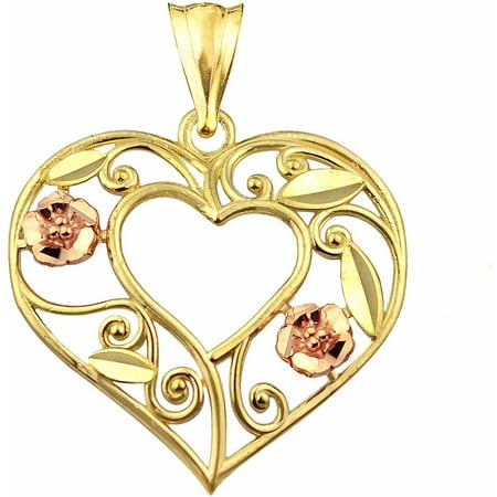 US GOLD 10kt Gold Open Heart with Flowers and Leaves Design Charm Pendant