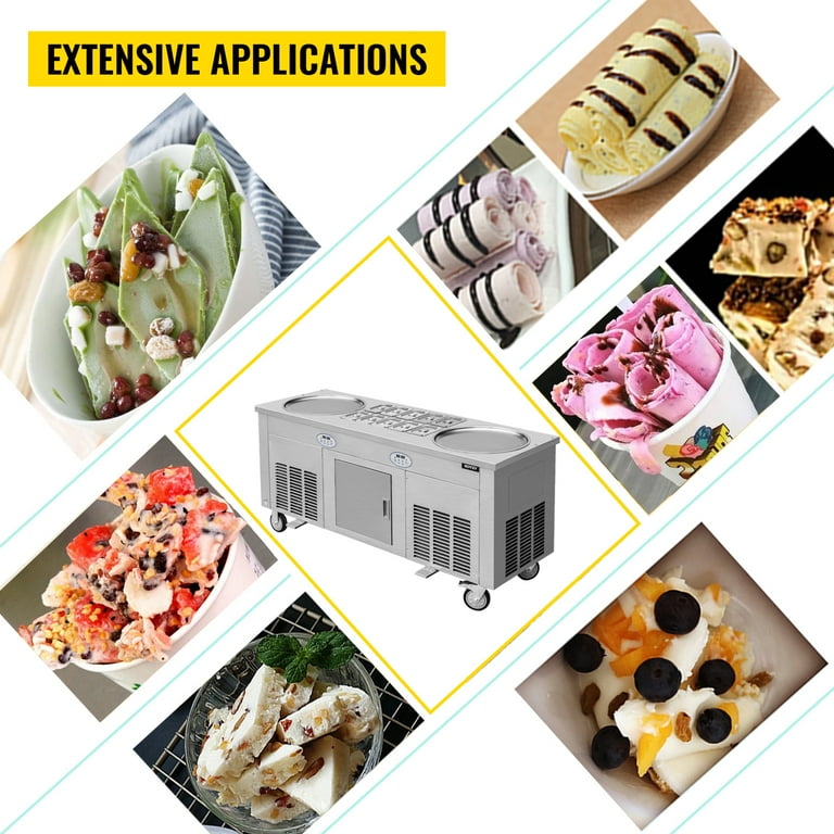 BENTISM Fried Ice Cream Roll Machine,2-Pan Commercial Ice Roll Maker,Stainless  Steel Fried Ice Cream Roll Maker with Refrigerated Cabinet 