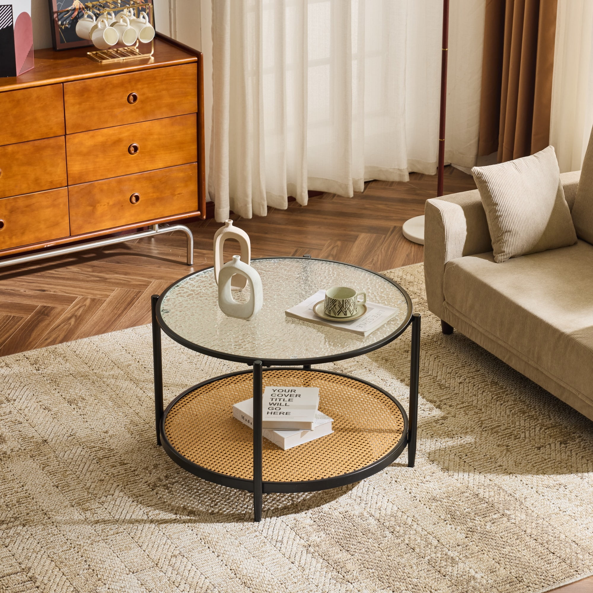 Ktaxon Accent Coffee Table, Round Glass Modern Center Table with Rattan Tier, 30.7" Rustic TV Cabinet for Living Room, Black