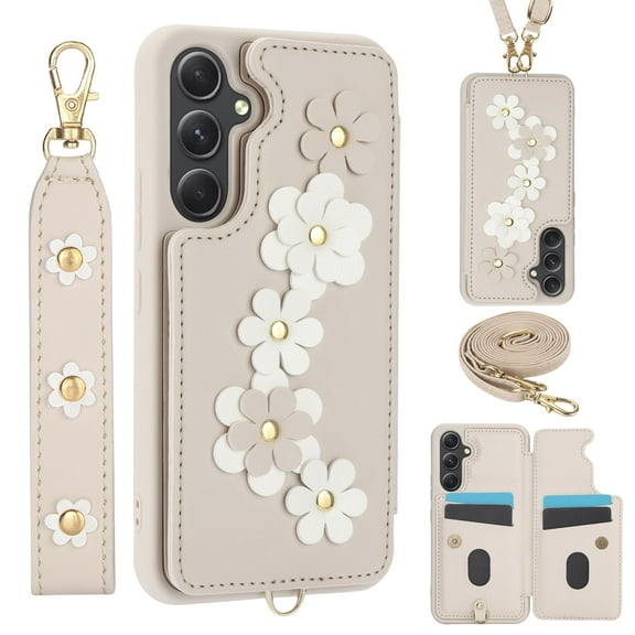 Allytechgroup Wallet Case for Samsung Galaxy A35, Floral Series with Crossbody Shoulder Strap Hand Wrist Cards Holder Shockproof Drop Proof Protective Case Cover for Galaxy A35, White
