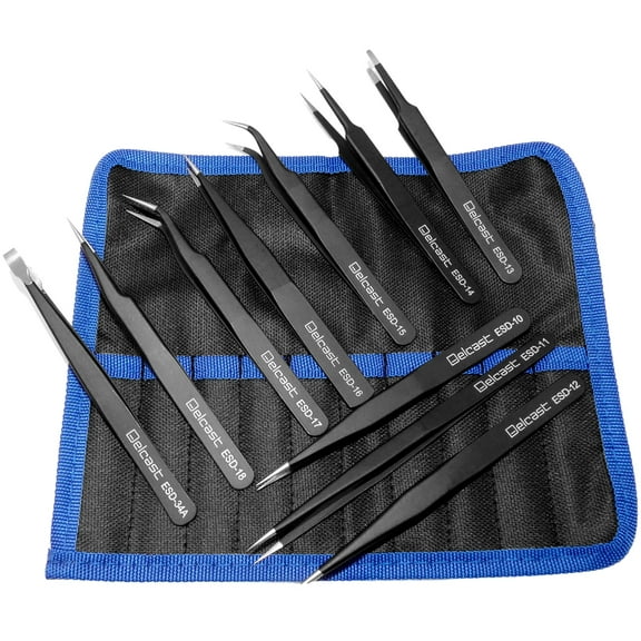 Delcast TZ-10X ESD Safe Anti-Static Stainless Steel Tweezers Set for Electronics, Jewelry, Crafts, 10 Piece