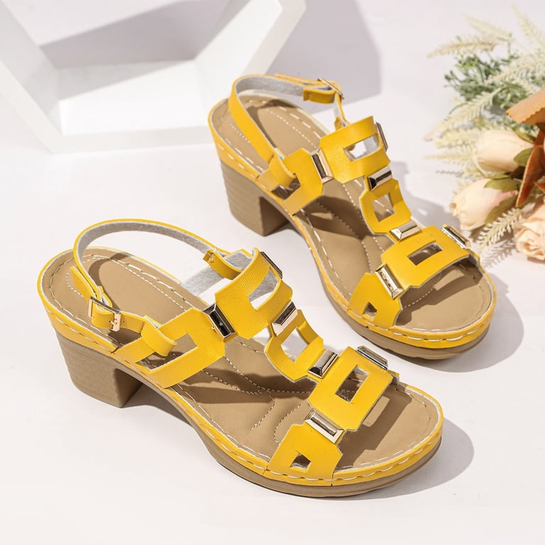 yello naked chunky heel sandals /Sサイズ GERsome Women's Chunky Heels Open Toe Ankle Buckle Low Block Heels