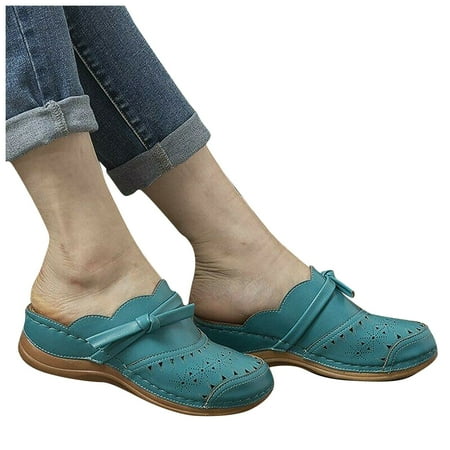 

Women Lace-up Closed Toe Comfortable Slip On Solid Color Wedge Slippers Sandals