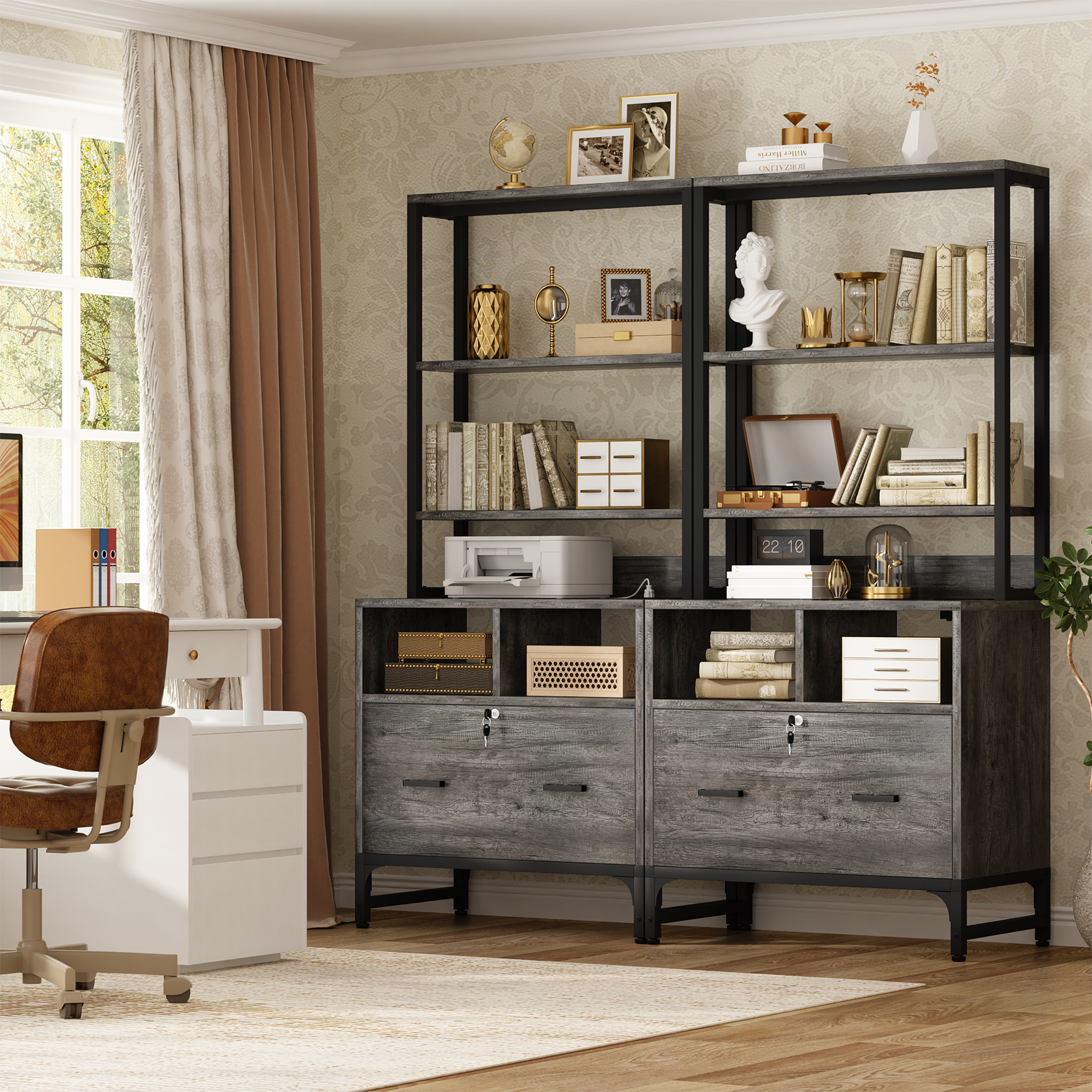 Aheaplus Vertical File Cabinet with Charging Station, Lock & Large Drawer - Printer Stand, Shelves for Letter/A4/Legal,Gray Oak