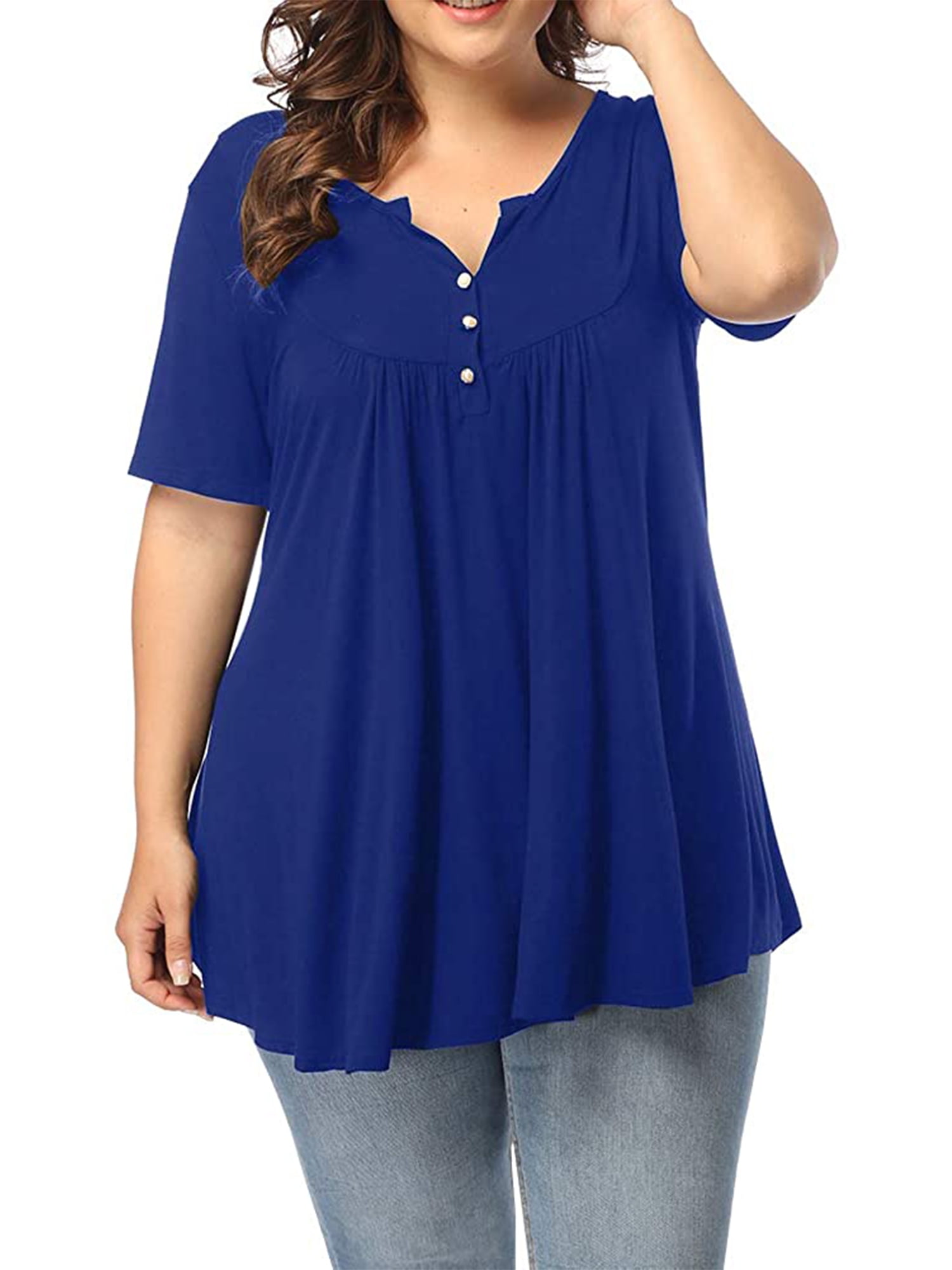 Women's Plus Size Henley V Neck Button up Tunic Tops Casual Short ...