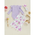 thumbnail image 4 of Suealasg Baby Girl Outfit Newborn Girl 3Pcs Spring Fall Clothes 3 6 9 12 18 Months Infant Long Sleeve Ribbed Romper Flower Print Flare Pants Headband Set, 4 of 7