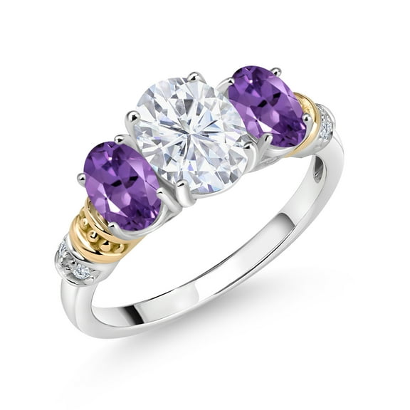 Gem Stone King 925 Sterling Silver and 10K Yellow Gold Oval White Moissanite Purple Amethyst and White Diamond 3 Stone Ring for Women (2.43 Cttw, Gemstone Birthstone, Size 5)