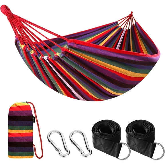 Cotton Hammock Portable Camping Hammocks for Hanging Sturdy Garden Comfortable Fabric Hammock with Tree Straps Up to 660lbs with Travel Bag for Camping Outdoor/Indoor Patio Backyard-Rainbow