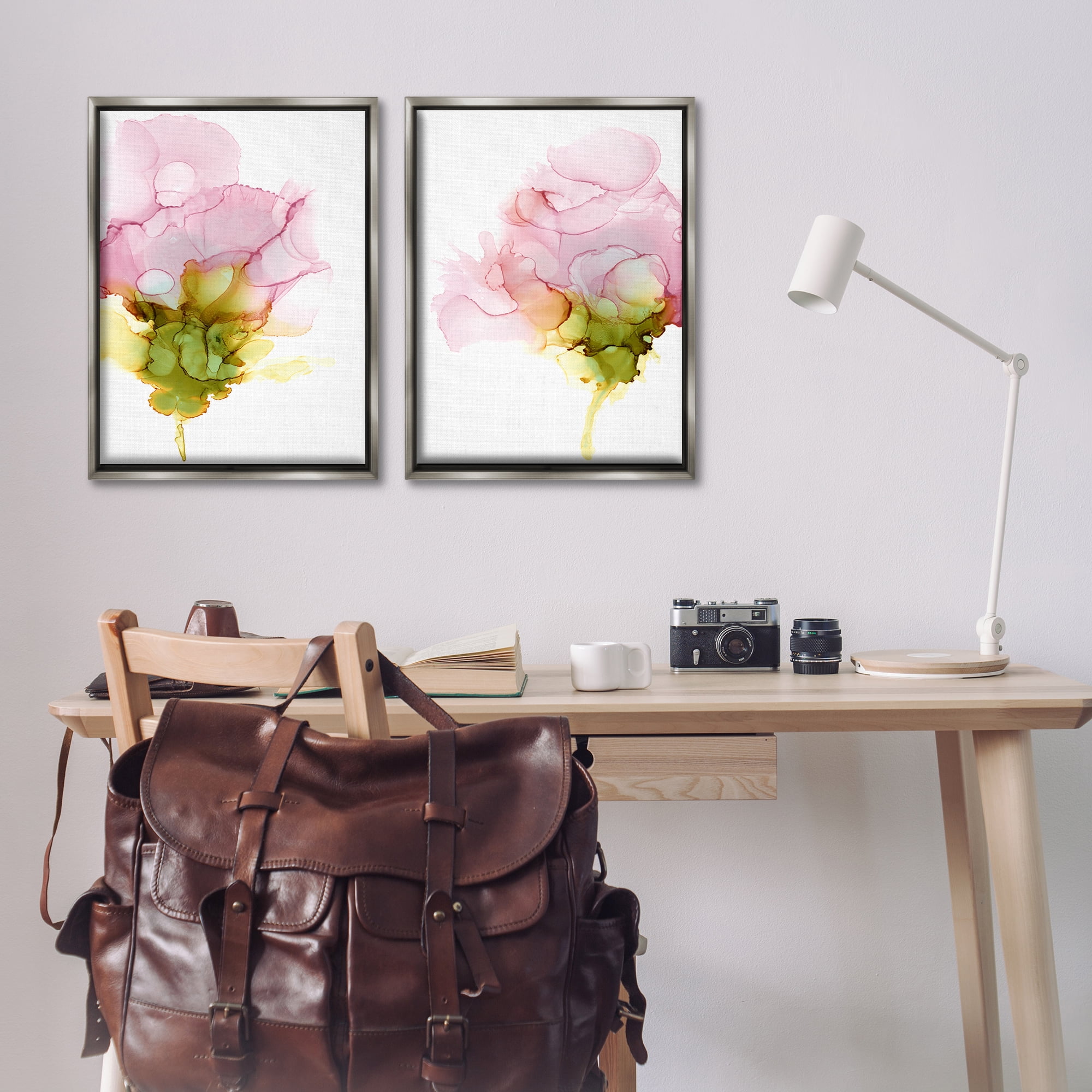 Stupell Industries Blooming Pink Ink Blossom Abstract Painting Gray Floater Framed Canvas Art Print Wall Art, 21 x 31, Set of 2